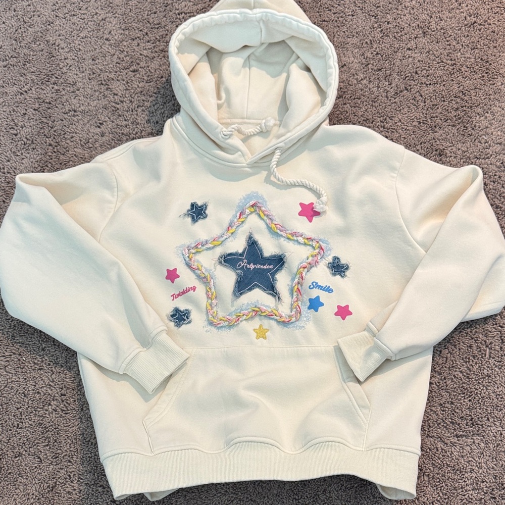 Cream Oversised Hoodie with Star Appliqué & Multicolor Braid Trim